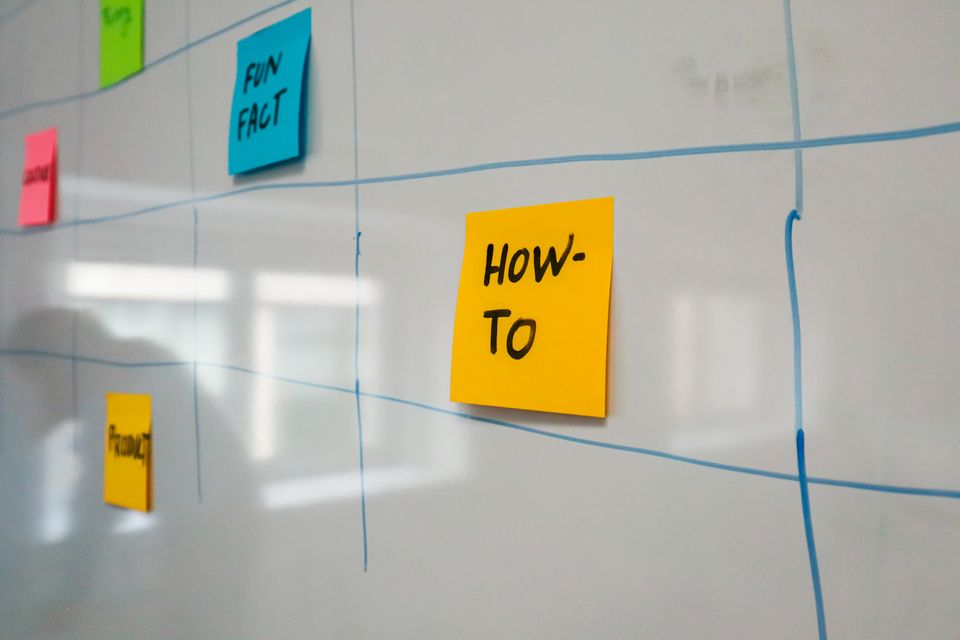 Sticky notes arranged across a whiteboard workflow